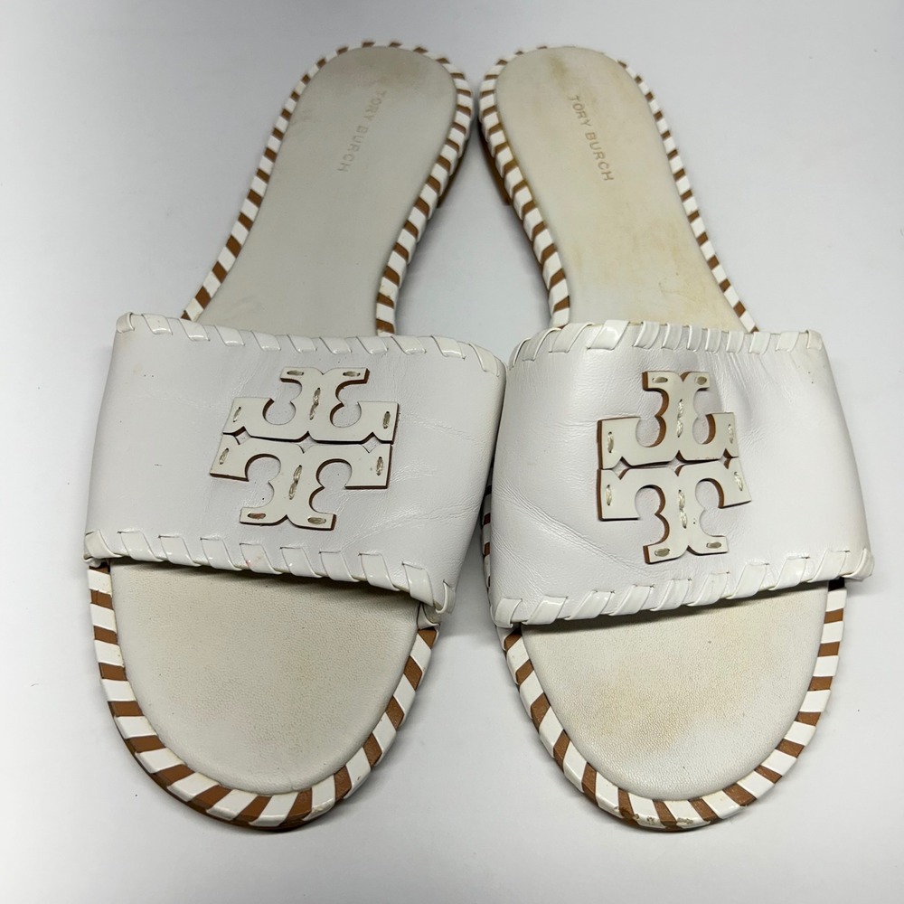 Tory Burch White Leather Logo Slide Sandals Women Size 9 Whipstitch Preppy Flat